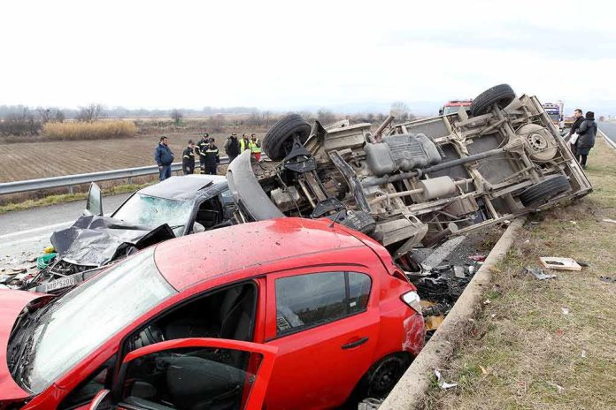 Overturned truck and damaged cars after highway crash