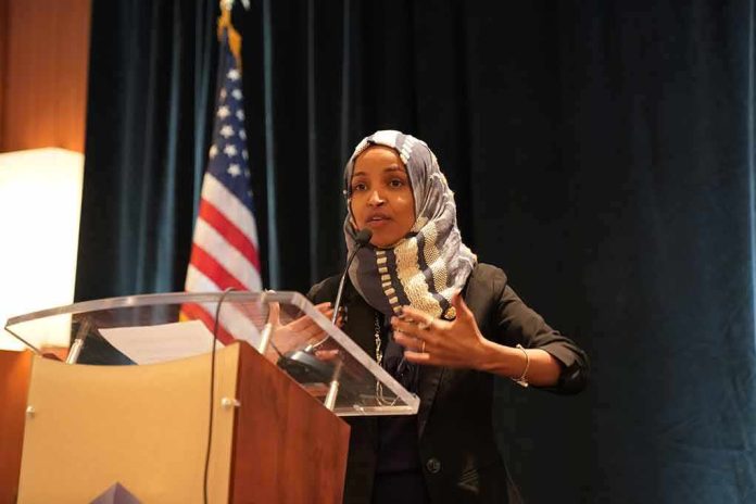 Ilhan Omar speaking at a podium with a microphone