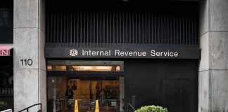 Entrance of the Internal Revenue Service office with signage