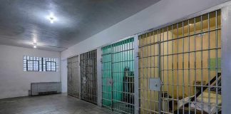 Interior view of a prison cell block with metal bars and concrete flooring