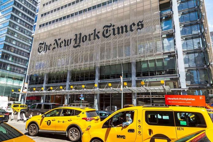 New York Times building with yellow taxis in front