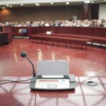 Conference microphone on a podium in a courtroom