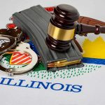 Federal Shock: AR15 BANNED! Gavel, handcuffs, and rifle magazine on Illinois state seal