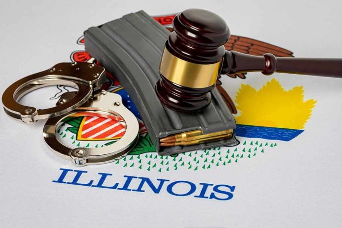 shutterstock_2249776689 Gavel, handcuffs, and rifle magazine on Illinois state seal
