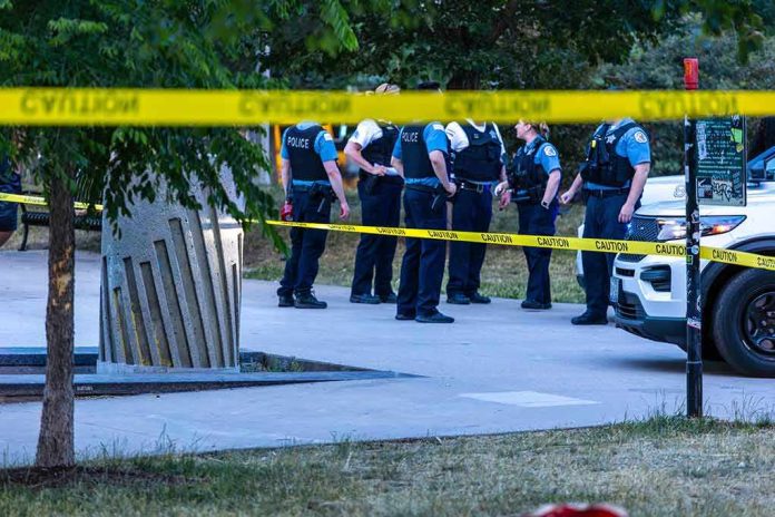 shutterstock_2325984679 police officers stand behind caution tape at a park scene