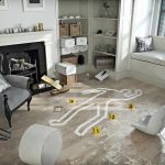 Living room crime scene outline on wooden floor with scattered furniture