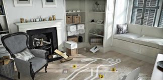 Living room crime scene outline on wooden floor with scattered furniture