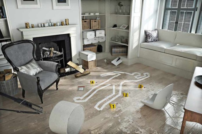 Living room crime scene outline on wooden floor with scattered furniture