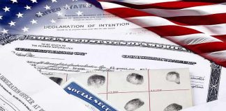 U.S. immigration and naturalization documents with American flag