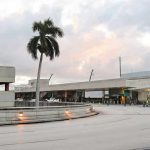 Airport terminal exterior with palm tree at dusk