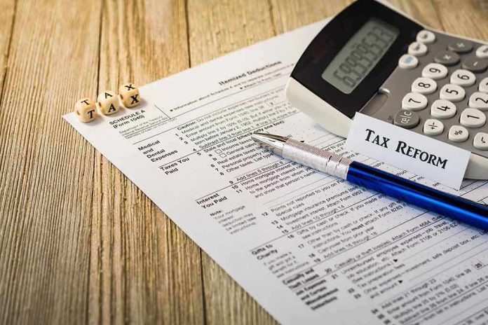 shutterstock_785146429 Tax form with calculator and pen on wooden desk