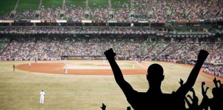 Crowd of fans cheering at a baseball game in a stadium