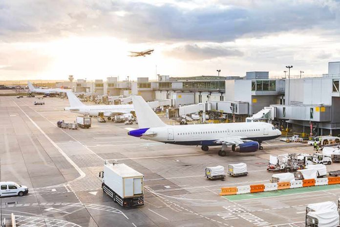 shutterstock_1028090509 Airplanes at airport gates during sunset with ground vehicles and jet bridges