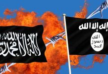 U.S Citizen Becomes ISIS Bride at 18 – Put On Trial Two black extremist flags in front of flames and barbed wire