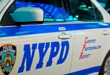 NYPD patrol car side with blue stripe and door lettering