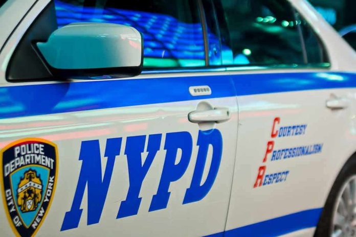 NYPD patrol car side with blue stripe and door lettering