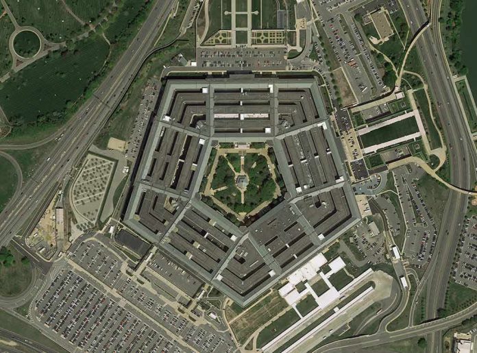 shutterstock_1581008431 Aerial view of a large pentagon-shaped office complex