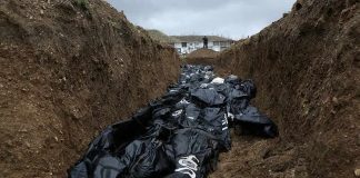 Body bags in a mass grave trench