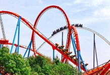 Man FLUNG From Seat – Horror At Six Flags Colorful roller coaster with riders on a sunny day