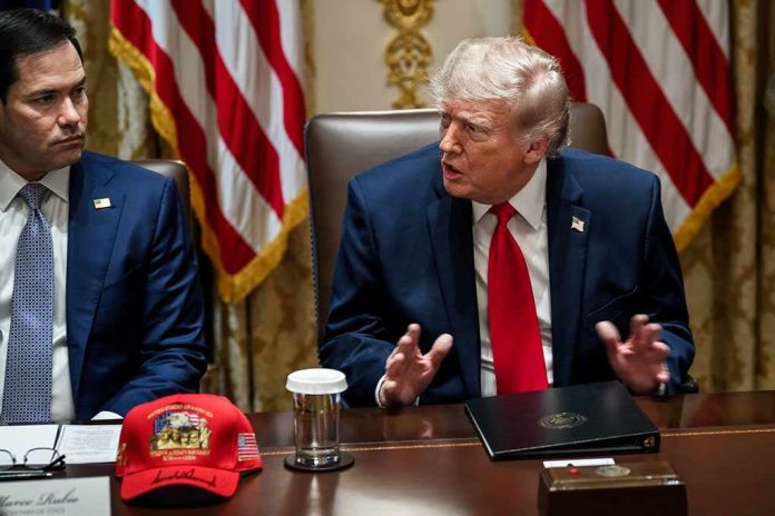 shutterstock_2798491437 Donald Trump speaks at a meeting table beside Marco Rubio