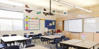 First Grader to Police: “I Don’t Care If I Go To Jail” Empty classroom with tables, chairs, and a whiteboard